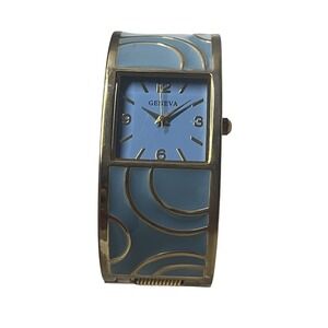 Geneva Women's Bangle Cuff Watch Gold Tone Light Blue Enamel Quartz Untested